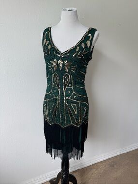 Babeyond Green and Gold Beaded Sequin Flapper Dress